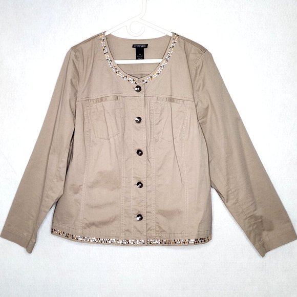 Lane Bryant Jackets & Blazers - Lane Bryant Khaki Twill Jacket Gold Silver Studs Button Front Long Sleeves